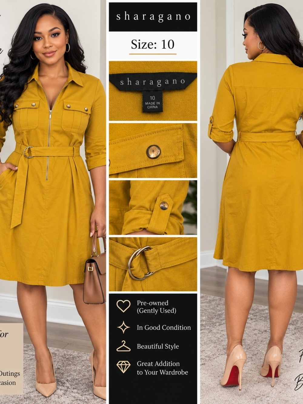 Sharagano Mustard D-Ring Belted Shirt Dress